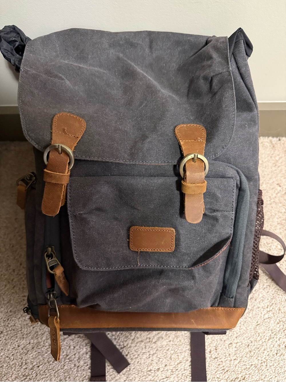 Photography Canvas Backpack with Brown Leather Trim - Dark Gray